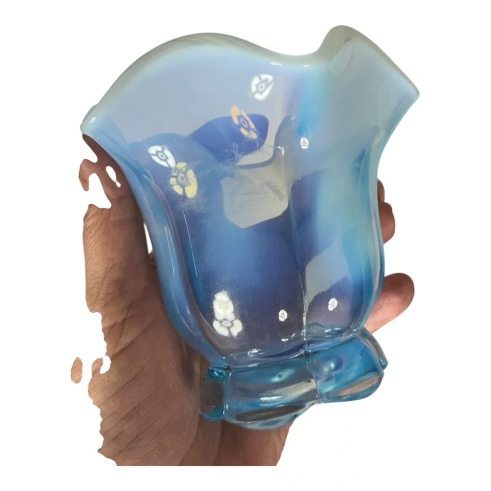 Opalescent‎ Blue Ruffled Glass Vase